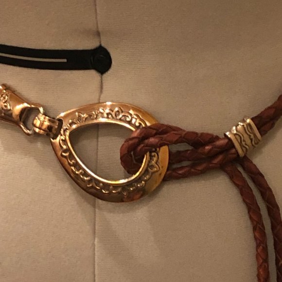 Vintage leather woven belt with brass accents. (BO7) main image 4